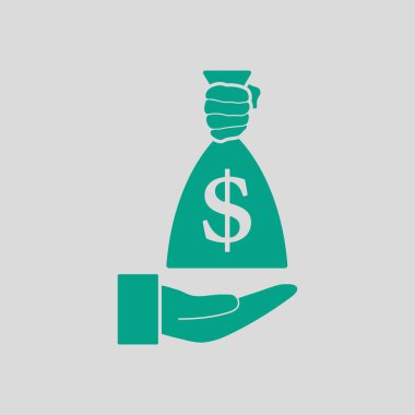 Hand Holding The Money Bag Icon. Green on Gray Background. Vector Illustration.