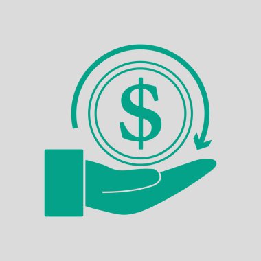 Cash Back Coin To Hand Icon. Green on Gray Background. Vector Illustration.