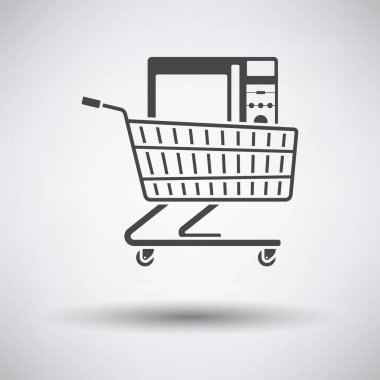 Shopping Cart With Microwave Oven Icon. Dark Gray on Gray Background With Round Shadow. Vector Illustration.