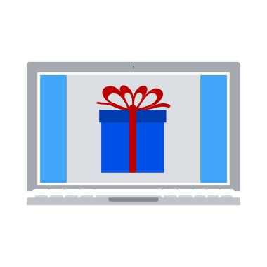 Ekran simgesinde hediye kutusu olan dizüstü bilgisayar. Düz Renk Tasarımı. Vektör İllüstrasyonu.