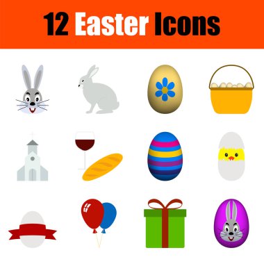 Paskalya ikonu seti. Düz Tasarım. Tamamen düzenlenebilir vektör çizimi. Metin genişletildi.