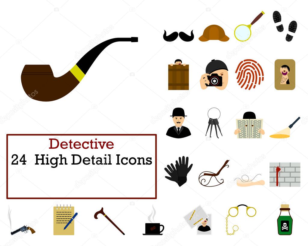 Detective Icon Set. Flat Design. Fully editable vector illustration. Text expanded.