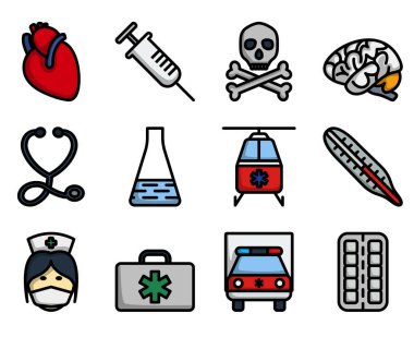 Tıbbi Simge Ayarlandı. Renk Doldurma Tasarımı ile Düzenlenebilir Kalın Tasarım. Vektör İllüstrasyonu.