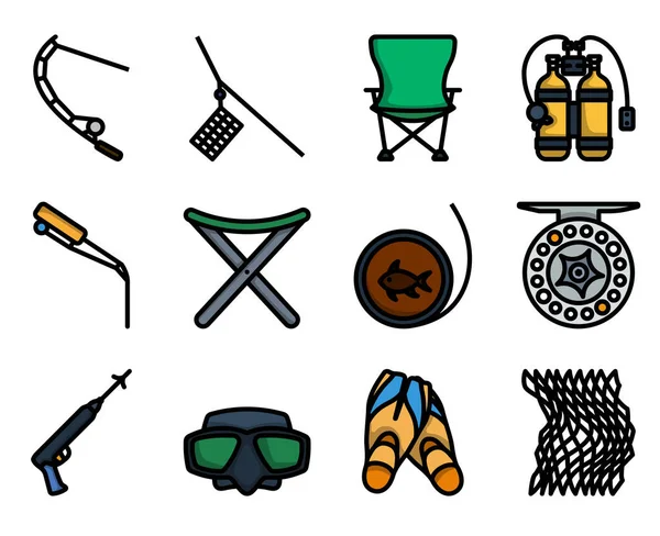 Набір Значків Риболовлі Сміливий Контур Дизайном Заповнення Кольорів Векторна Ілюстрація — стоковий вектор