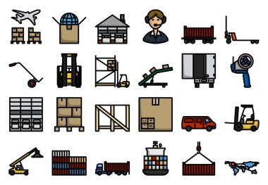 Lojistik Simgesi Ayarlandı. Renk Doldurma Tasarımı ile Düzenlenebilir Kalın Tasarım. Vektör İllüstrasyonu.