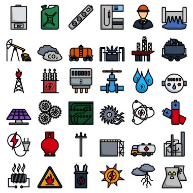 Enerji Simgesi Ayarlandı. Renk Doldurma Tasarımı ile Düzenlenebilir Kalın Tasarım. Vektör İllüstrasyonu.