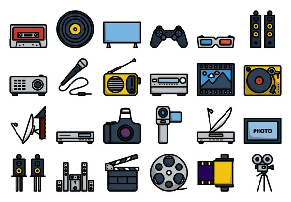 Multimedia Pictogram Set Bewerkbare Bold Outline Met Kleur Invullen Ontwerp — Stockvector