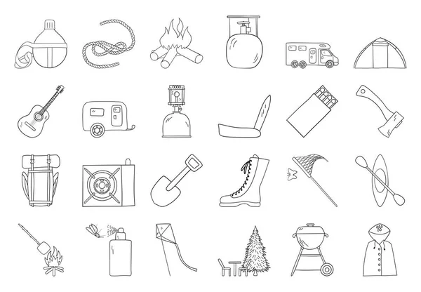 Camping Pictogram Set Handgetekend Doodle Sketch Ontwerp Vector Illustratie — Stockvector