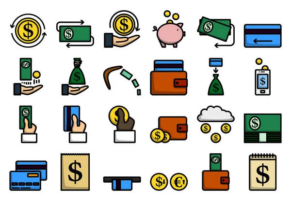 Set Iconos Dinero Esquema Audaz Editable Con Diseño Relleno Color — Archivo Imágenes Vectoriales