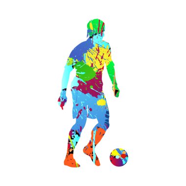 Futbol (futbol) oyuncusu silueti. Damla, leke ve mürekkep lekeli grunge tasarımı. Vektör illüstrasyonu.