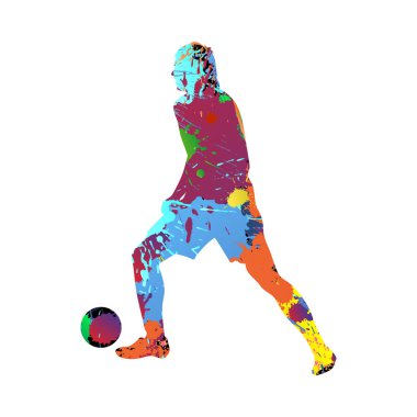 Futbol (futbol) oyuncusu silueti. Damla, leke ve mürekkep lekeli grunge tasarımı. Vektör illüstrasyonu.