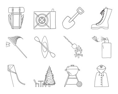 Kamp Simgesi Seti. El Çizimi Çizimi Tasarımı. Vektör İllüstrasyonu.