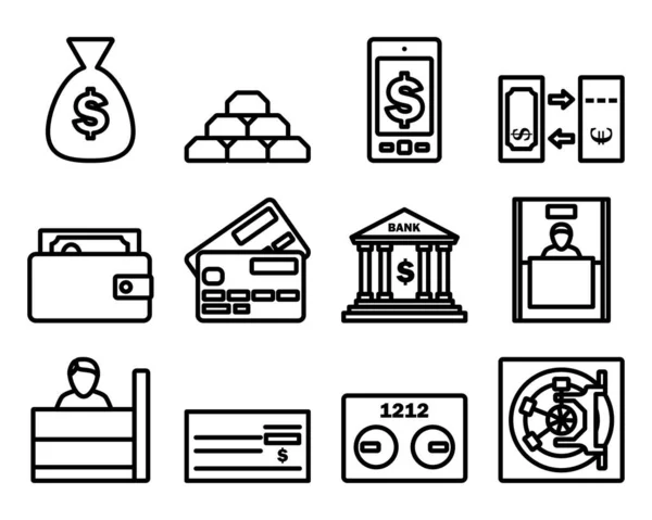 Bank Icon Set Editable Bold Outline Design Vector Illustration — Stock Vector