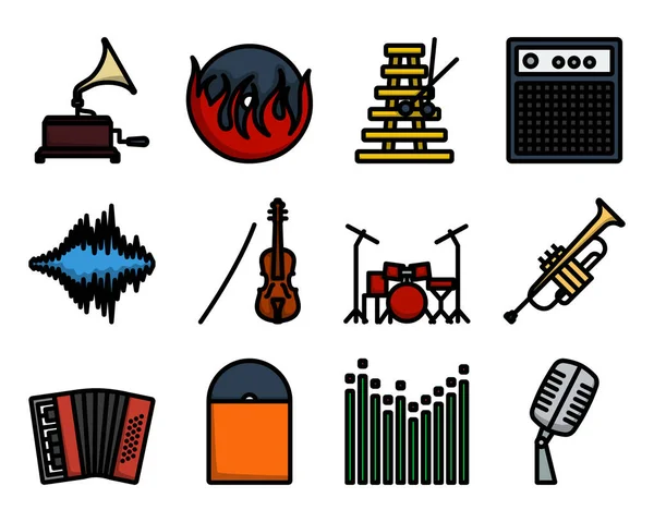 Zestaw Ikon Muzycznych Edytowalny Pogrubiony Kontur Kolorowym Wzorem Wypełniacza Ilustracja — Wektor stockowy