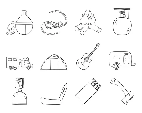 Ensemble Icônes Camping Dessin Main Doodle Sketch Design Illustration Vectorielle — Image vectorielle