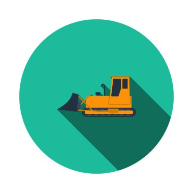 İnşaat Buldozer Simgesi. Uzun Gölgeli Düz Çember Şablon Tasarımı. Vektör İllüstrasyonu.