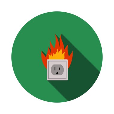 Elektrik prizi yangın ikonu. Uzun Gölgeli Düz Çember Şablon Tasarımı. Vektör İllüstrasyonu.
