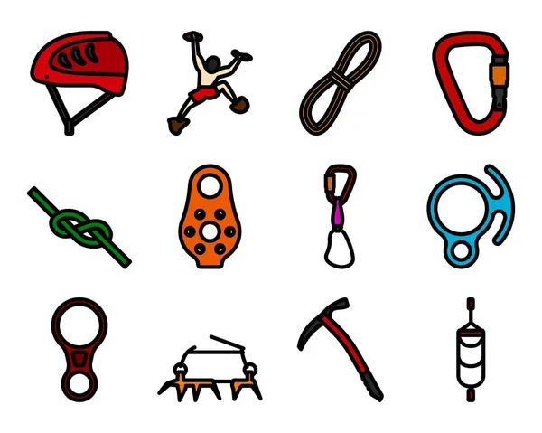 Alpinist Icon Set 可编辑的带有彩色填充设计的大胆轮廓 病媒图解 — 图库矢量图片