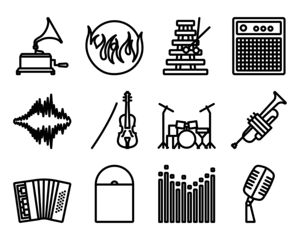 Conjunto Iconos Musicales Diseño Contorno Audaz Con Ancho Carrera Editable — Vector de stock