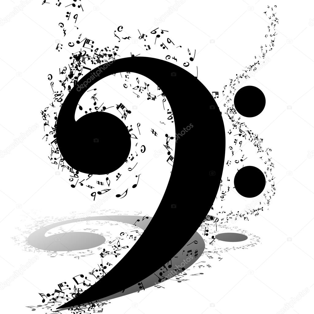 Elementi di disegno musicale da parte del personale di musica con le note nei colori bianco e nero Elegante Design creativo con ombre e isolato su bianco