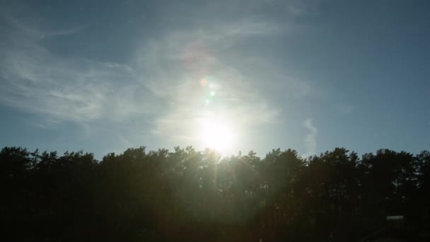 風に揺れる木々のシルエットに太陽の光が差し込み、雲が森の上の青空を高速で移動します。タイムラプス自然の風景、動きの美しい空。曇った夏の夜日没 — ストック動画