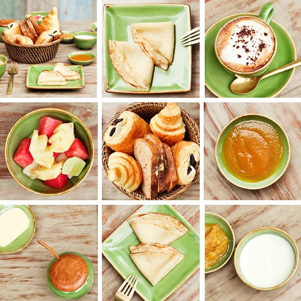 Frühstück im Garten mit Kaffee und einem einfachen Essen. Gute Laune für den ganzen Tag. — Stockfoto
