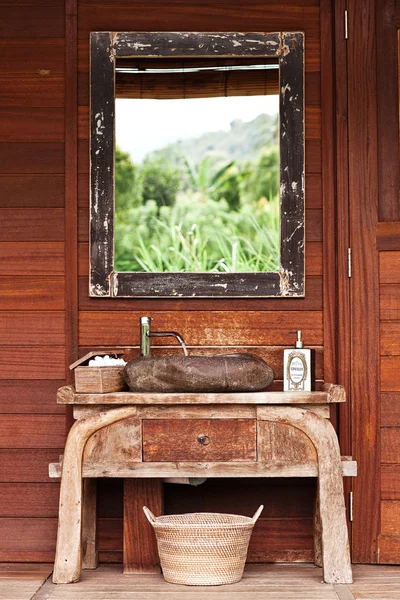 Outdoor counter and stone hand washing with wood structure and m — Stock Photo, Image