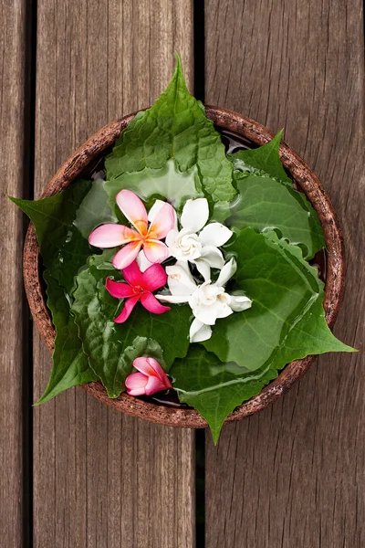 Flowers in wood bowl for SPA — Stock Photo, Image