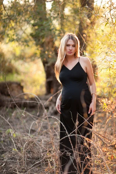 Femme enceinte aux longs cheveux blonds posant dans un parc ensoleillé. jeune — Photo