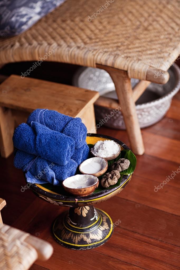 Spa Or Wellness Setting Sea Salt In Bowl Towels And Scrab