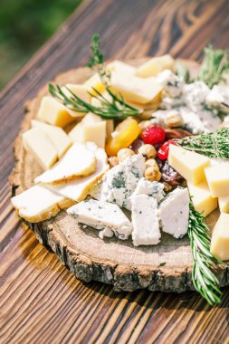 Peynirli peynir tabağı Dorblu, Parmesan peynirli, Brie peynirli, Camembert peynirli ve Rokfor peynirli.