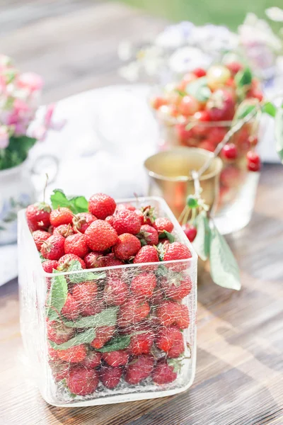 Berries in bowls on wooden table in a garden, fruits, cherry, raspberry, strawberry and blueberry — Stock Photo, Image