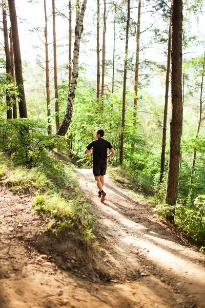 Un athlète coureur sur la route en forêt — Photo