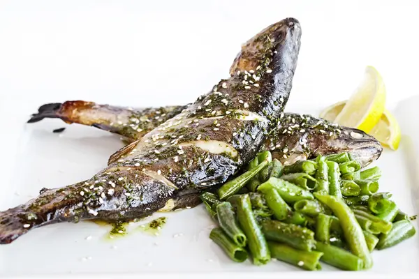 Baked sea bass with vegetables close up — Stock Photo, Image
