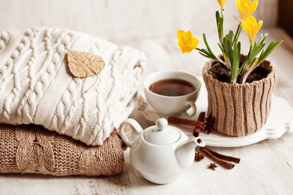 Cup of hot drink, knitting clothes, cinnamon and flowers. winter mood — Stock Photo, Image