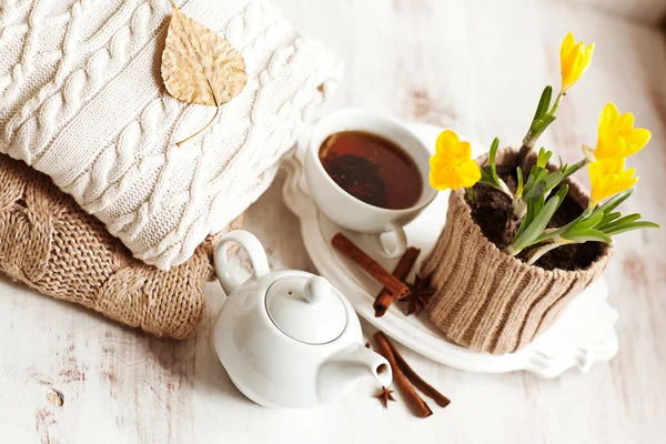 Cup of hot drink, knitting clothes, cinnamon and flowers. winter mood — Stock Photo, Image