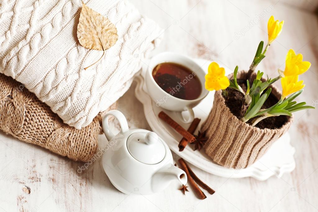 Cup of hot drink, knitting clothes, cinnamon and flowers. winter mood