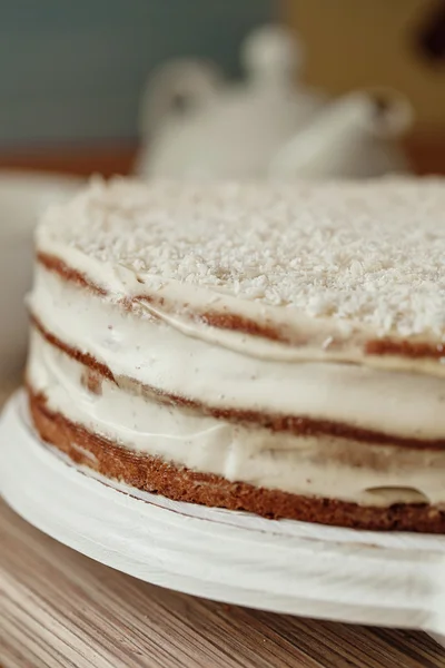 Serie von Winter-Kokosnusskuchen. Dekorieren mit Erdbeere, Kokosnuss und Waldkegel — Stockfoto