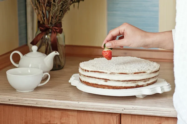 Serie von Winter-Kokosnusskuchen. Dekorieren mit Erdbeere, Kokosnuss und Waldkegel — Stockfoto