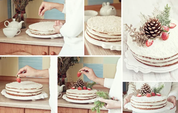 Serie de tarta de coco de Navidad de invierno. Decorar con fresa, coco y cono del bosque —  Fotos de Stock