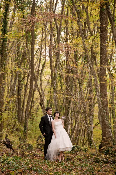 Lyckliga bruden och brudgummen promenader i skogen höst — Stockfoto