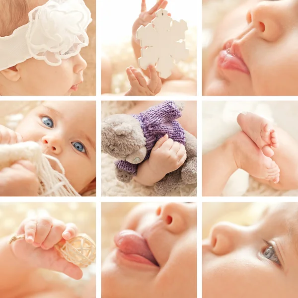 Collage di Ritratto di piccola ragazza carina con gli occhi azzurri nel suo accogliente letto bianco . — Foto Stock