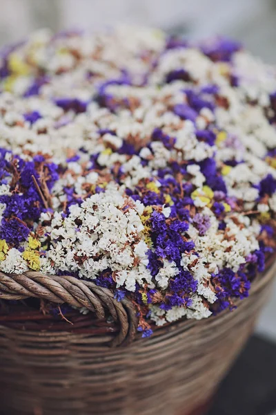Violett och vitt torka blommor i korg — Stockfoto
