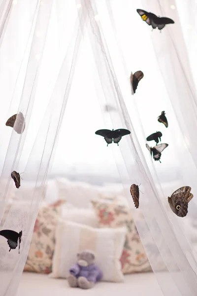 Hermosas mariposas tropicales en dosel blanco. Estado de ánimo del sueño . —  Fotos de Stock