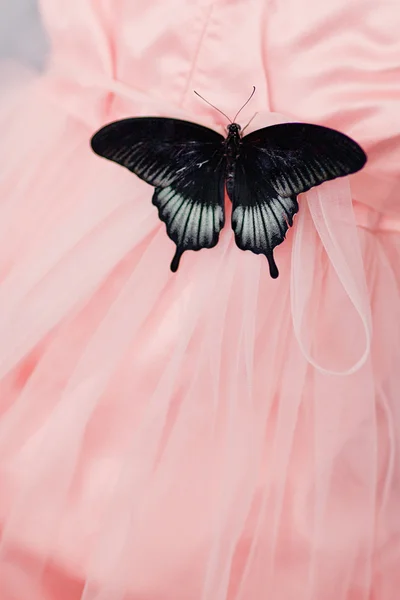 Beautiful tropic butterfly on the pink child dress. Macro. — Stock Photo, Image