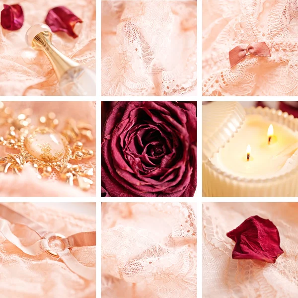 Ropa interior de melocotones ternura con pétalos de rosas, velas y accesorios. Humor de amor . —  Fotos de Stock