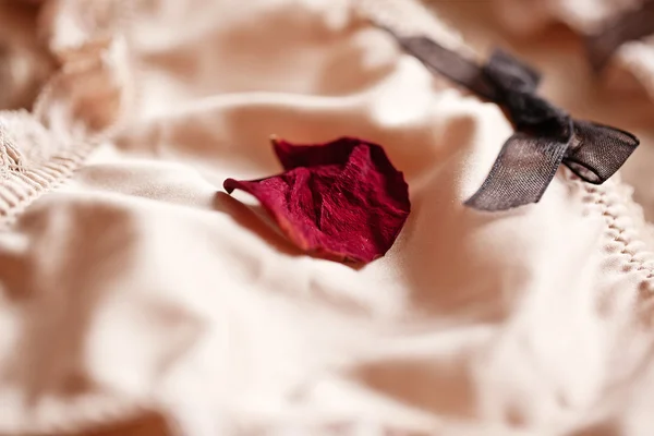 Zärtlichkeit Pfirsichunterwäsche mit Kerze und trockenen Blütenblättern. Liebe moo — Stockfoto