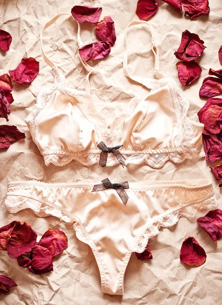 Tederheid peachys lingerie met kaars en droog bloemblaadjes. Liefde moo — Stockfoto