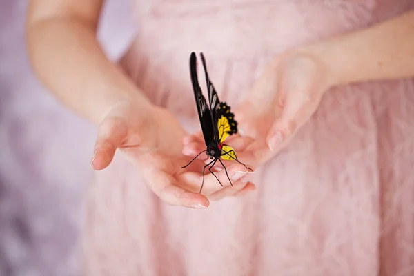 Beautiful exotic butterfly sitting on the girl hand — Stock Photo, Image
