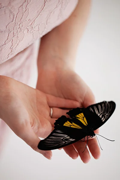 Kız el üzerinde oturan güzel egzotik kelebek — Stok fotoğraf